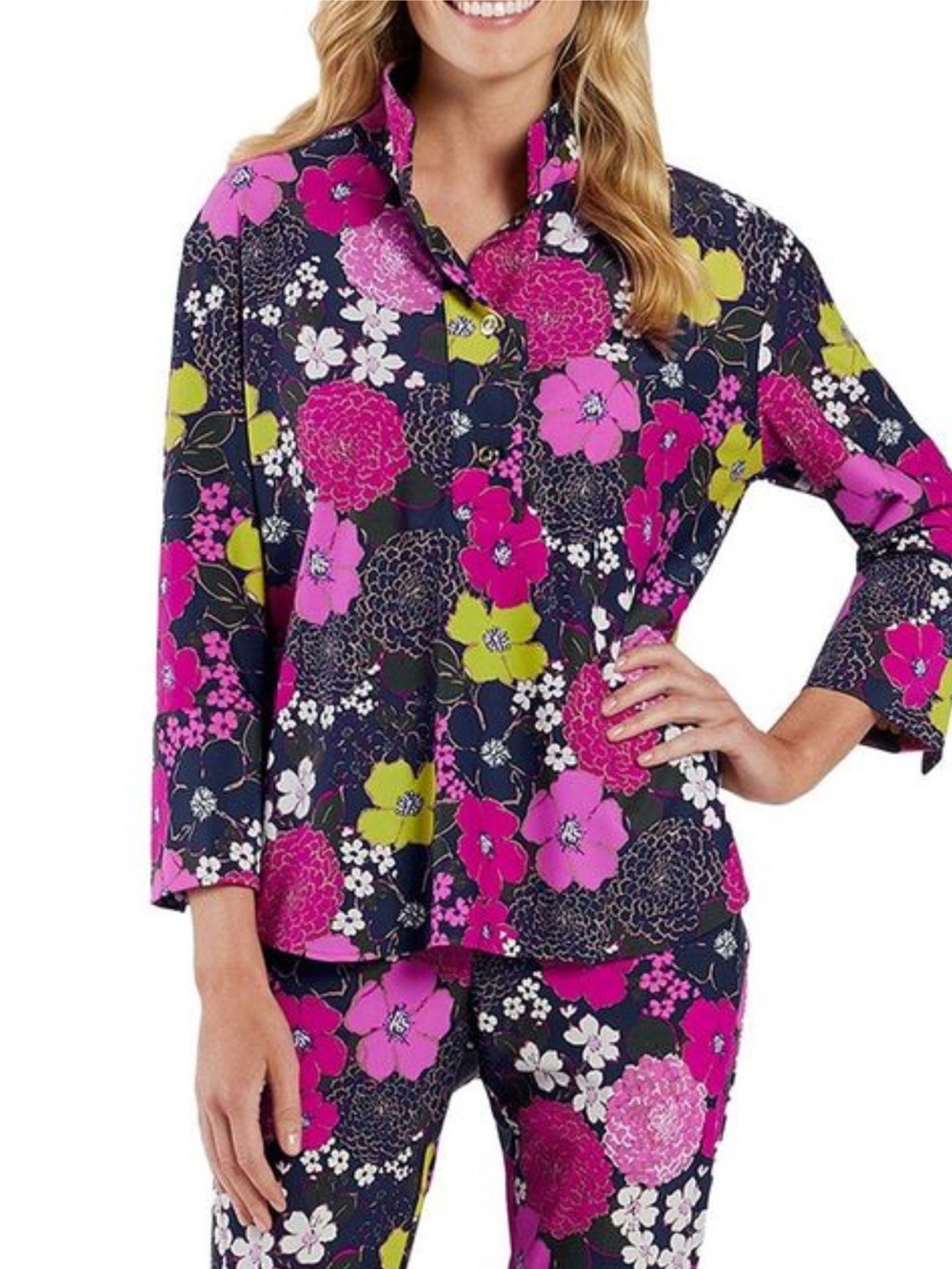 Jude Connally Belinda  Floral Button-Front Top in Purple, Navy & Lime Jude Cloth
